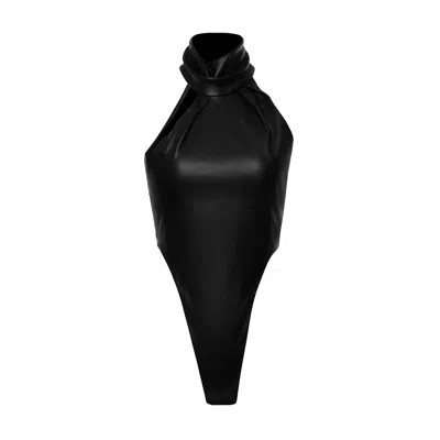 Lika Women's Black Leather Bodysuit With Cut-outs