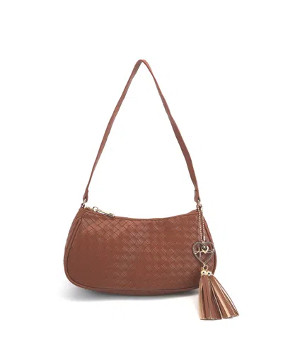 Like Dreams Ash Heart Tassel Woven Shoulder Bag In Cognac