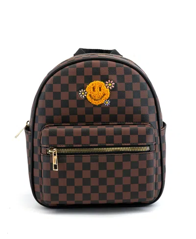 Like Dreams Smiley Checkered Charm Backpack In Brown