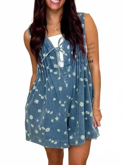 Like Love Sew In Love Within The Wildflowers Mini Romper In Medium Wash Denim In Multi