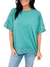 Like Love Short Sleeve Lace Trim Knit Top In Teal In Blue