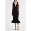Likely Balta Ruffle Hem Mixed Media Cocktail Midi Dress In Black