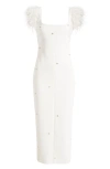 Likely Cameron Ostrich Feather-trimmed Midi-dress In White