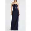 Likely Fallon Satin Bow Cutout Strapless Sheath Gown In Blue