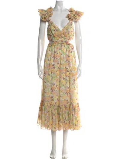 Pre-owned Likely Floral Print Midi Length Dress In Yellow