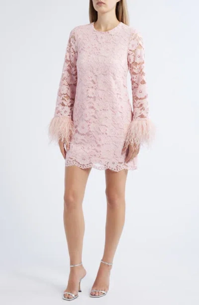 Likely Lorie Feather Trim Long Sleeve Lace Minidress In Rose Shadow