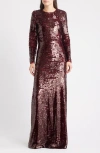 Likely Reese Sequin Long Sleeve Gown In Brown