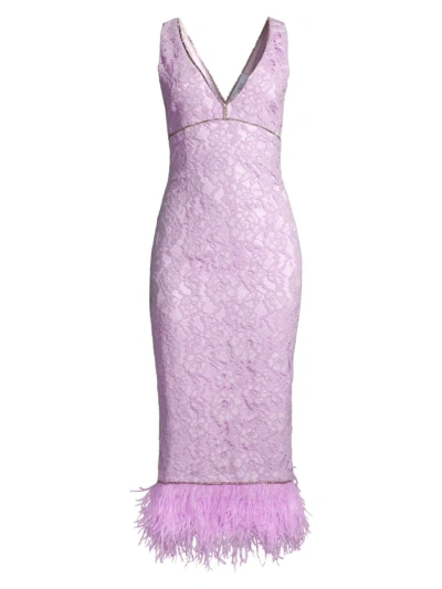 Likely Women's Marino Floral Lace Feather-trimmed Midi-dress In Sheer Lilac