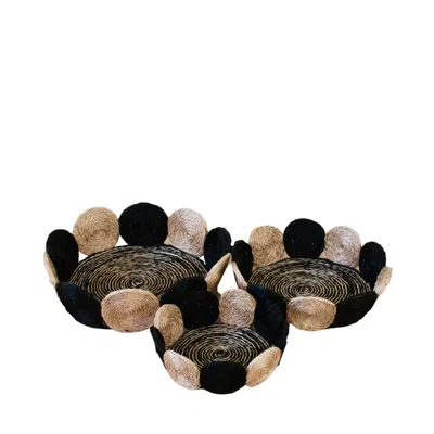 Likha Black / White Black And White Abaca Fruit Basket - Tabletop Basket Set Of Three In Multi