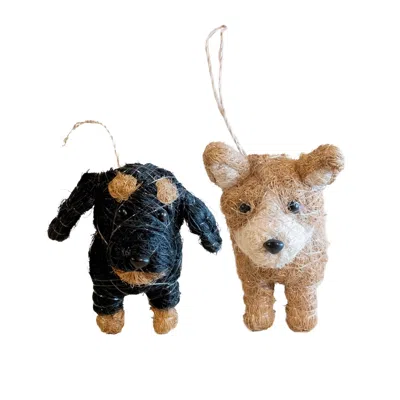 Likha Brown / Black Corgi & Dachshund Duo Ornament Set – Handmade Coco Coir Dog Décor In Multi