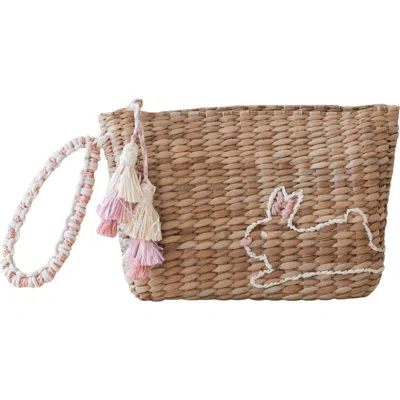 Likha Bunny Embroidered Straw Pouch In Brown