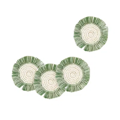 Likha Green Set Of Four, Sage Raffia Round Crochet Coasters With Fringe