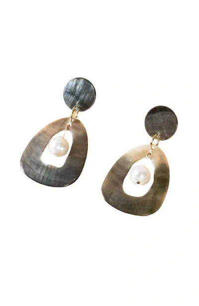 Likha Mother-of-pearl Hollow Earrings With Inner Pearl In Brown