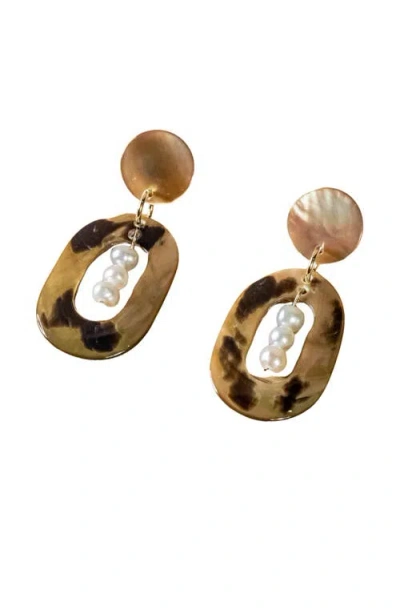 Likha Mother-of-pearl Oval Dangle Earrings With Inner Pearls In Gold