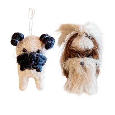 Likha Neutrals Companion Dog Duo Ornament Set - Pug & Shih Tzu, Handmade Coco Coir In Multi