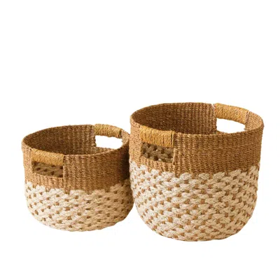 Likha Neutrals Golden Brown Round Baskets Set Of Two - Handcrafted Bins In Multi