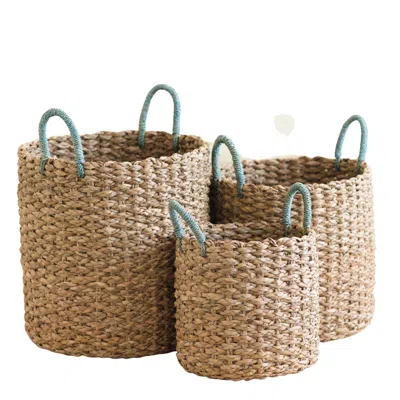 Likha Neutrals Seagrass Woven Baskets With Sky Blue Handle - Set Of Three