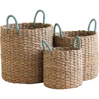 Likha Seagrass Woven Baskets With Sky Blue Handles, Set Of 3 In Brown