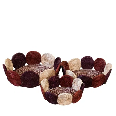 Likha White / Red Rust And Mauve Handwoven Storage Basket - Fruit Basket, Set Of Three