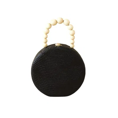 Likha Women's Black Round Classic Handbag With Wood Handle - Straw Bag