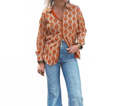 Lil Bee's Bohemian Poppy Flower Zipper Front Blouse In Orange Pattern