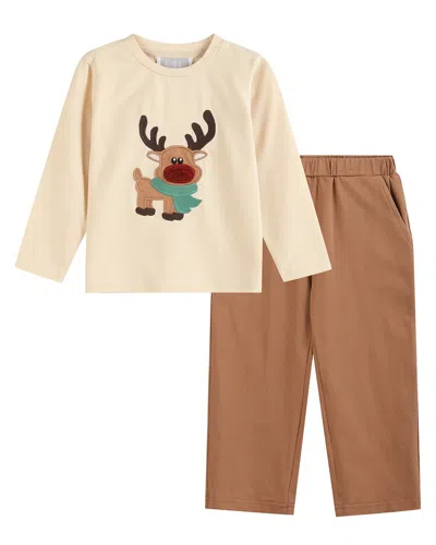 Lil Cactus Kids' 2pc Reindeer Shirt & Pant Set In Beige