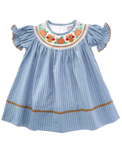 Lil Cactus Kids' Pinstripe Turkey Smocked Bishop Dress In Blue