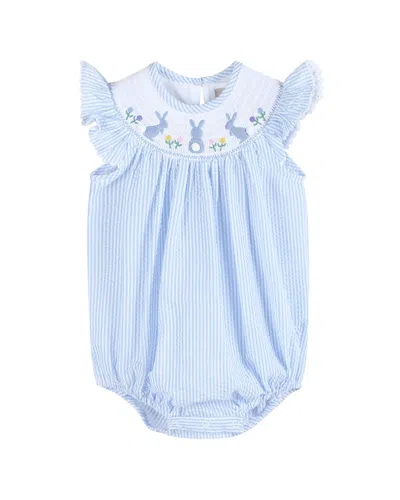 Lil Cactus Kids' Seersucker Easter Bunny Smocked Flutter Romper In Blue