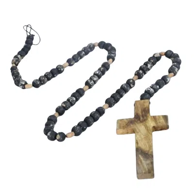 Lila Rasa Black / Brown Distressed Black Wooden Beaded Garland With Cross In Multi