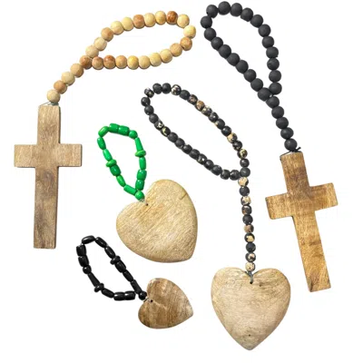 Lila Rasa Black / Neutrals / Green Rustic Wooden Heart & Cross Blessing Beads Collection In Multi