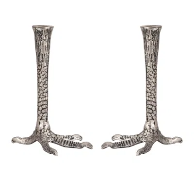 Lila Rasa Silver Distressed Nickel Bird Feet Candle Stand Set Of 2