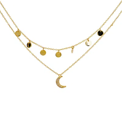 Lila Rasa Women's Celestial Double Layer Necklace Gold Crecent Cz Moon