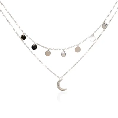 Lila Rasa Women's Celestial Double Layer Necklace Silver Crecent Cz Moon