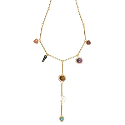 Lila Rasa Women's Gold Multi Stones Drop Lariat Necklace With 7 Semi-precious Gemstone