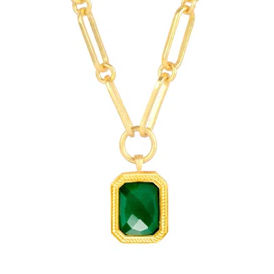 Lila Rasa Women's Green / Gold Rectangular Green Crystal Pendant With Paperclip Chain