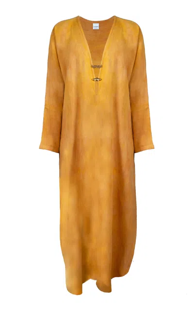 Lilabare Plunged Handloon Cotton Tunic Top In Orange
