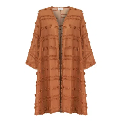 Lilamie Women's Red Capri Relaxed Fit Long Sleeve Kimono  - Brick In Brown