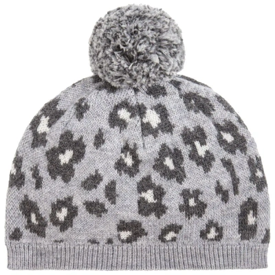 Lili Gaufrette Babies' Girls Grey Animal Print Pom-pom Hat In Gray