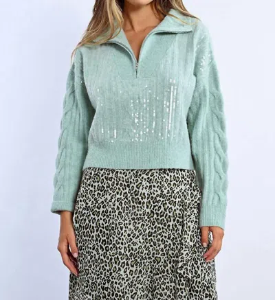 Lili Sidonio Qtr Zip Sequin Sweater In Mint In Green