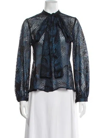 Pre-owned Lilia Stogova Printed Mock Neck Blouse In Blue