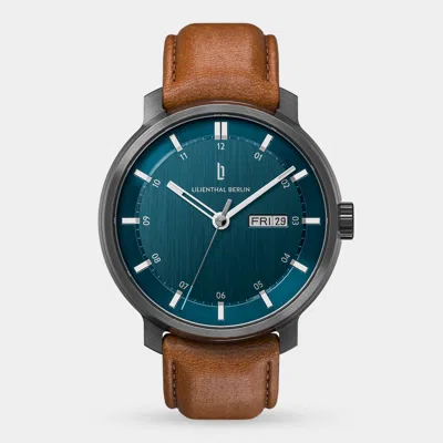Lilienthal Berlin Neolux Day Date Dark Silver Blue Leather Light Brown