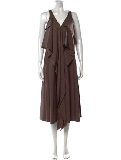 Pre-owned Lilith V-neck Midi Length Dress In Brown