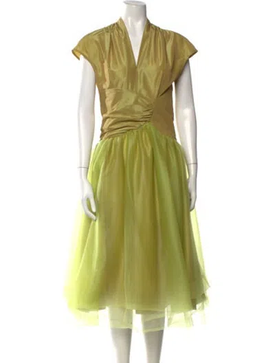 Pre-owned Lilith V-neck Midi Length Dress In Green