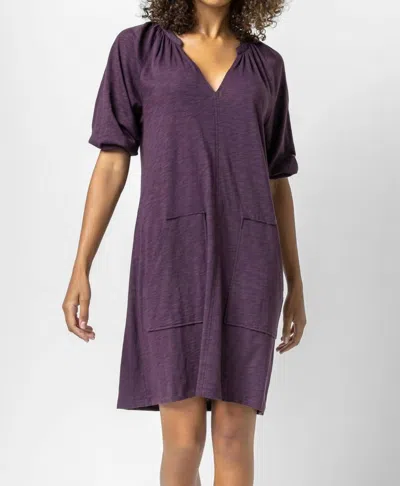 Lilla P 3/4 Sleeve Split Neck Dress In Fig In Purple