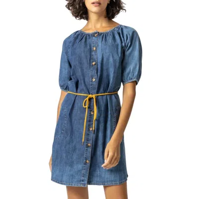 Lilla P Belted Button Down Dress In Denim In Blue