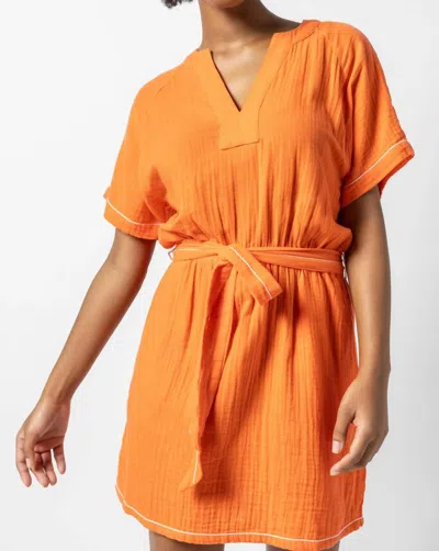 Lilla P Belted Split Neck Dress In Tangelo In Orange