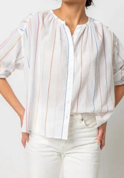 Lilla P Bracelet Sleeve Shirred Blouse In Multi Stripe