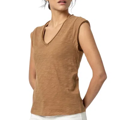 Lilla P Cap Sleeve V-neck Tee In Russet In Brown