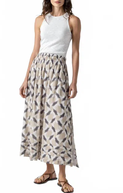 Lilla P Cleo Shirred Elastic Waist Midi Skirt In Neutral Ikat Print In Multi