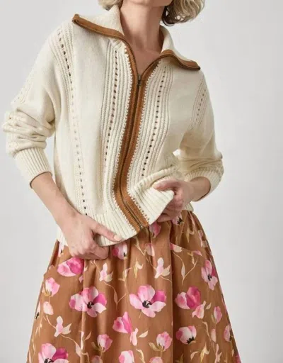 Lilla P Contrast Collar Zip Cardigan In Rope In Neutral